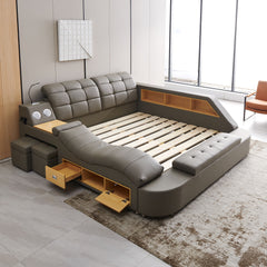 Multifunctional Upholstered Storage Bed Frame, Massage Chaise Lounge On Left