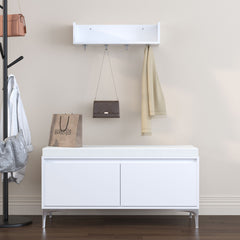Wall Mounted Entryway Shelf With Hooks And Storage Bench Set - Off White
