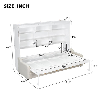 Murphy Cabinet Bed With Folding Sofa, Built In Storage Shelves And LED Light