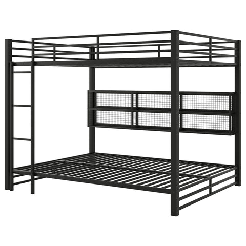 Queen Over Queen Bunk Bed With Storage Cabinets And LED Sturdy Frame, 6 Storage Units, Adjustable LED Lights - Black