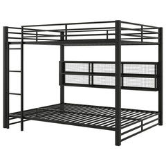 Queen Over Queen Bunk Bed With Storage Cabinets And LED Sturdy Frame, 6 Storage Units, Adjustable LED Lights - Black