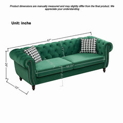 Mid Century Chesterfield Velvet Fabric Sofa With Roll Armrest & Nailhead, Green, 87 Inches