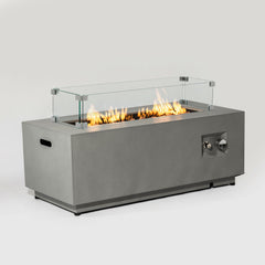 42" Propane Gas Fire Pit Table, 50000 Btu Rectangular Steel Fire Pit With Glass Wind Guard For Outside Patio Deck Garden Courtyard - Gray