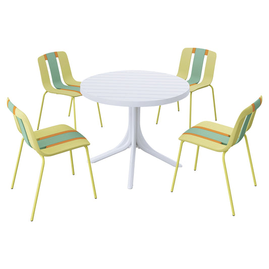 4 Piece Set Of Color Block Designed Single Chairs With Round Table - Grain Yellow / Haze Green / Tropical Orange / White