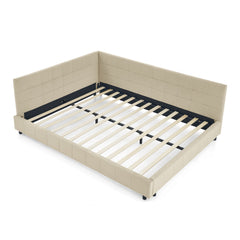 Mid-Century Storage Upholstered Tufted Bed Frame With Backrest And Armrests