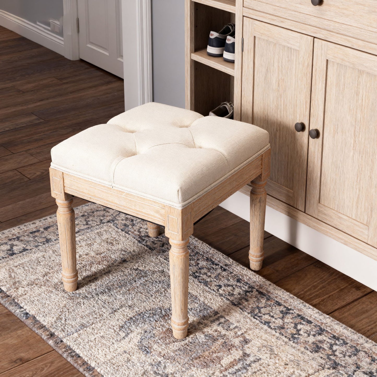 Small Padded Square Ottoman Bench For Living Room - Beige