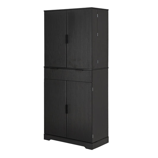 Fluted Kitchen Pantry Cabinet With 3 Keyboard Drawers & 6 Door Shelves Adjustable