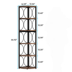 Tall 6 Tier Corner Bookshelf Storage Rack For Living Room - Rustic Brown