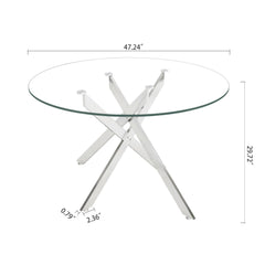 Stylish Round Clear Tempered Glass Dining Table With Chrome Metal Legs - Silver