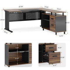 L-Shaped Executive Desk With File Cabinet , Office Workstation With Drawers, Shelves & Storage