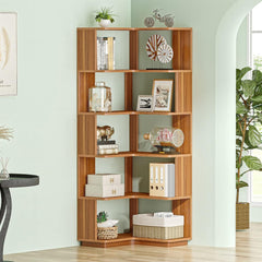 6 Tier Corner Bookshelf, L-Shaped Freestanding Shelf With Anti Drop Panels