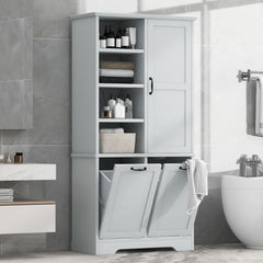 Bathroom Storage Cabinet With Doors And Drawers, Tilt Out Laundry Hamper, Multiple Storage Space, Freestanding Style, Open Shelve, Adjustable Shelf - Gray