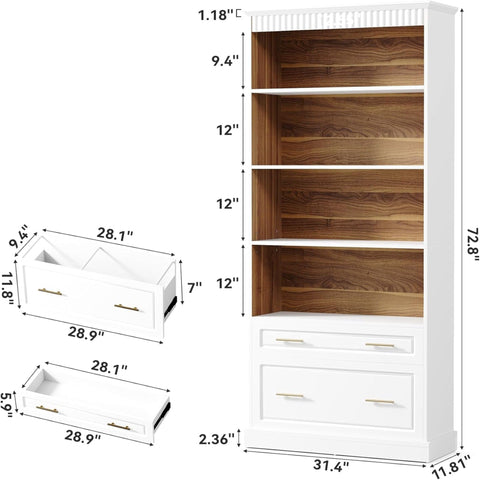 5 Tier White Bookcase With 2 Drawers Storage Organizer For Living Room - White