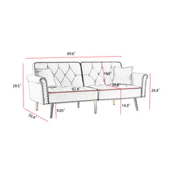 Velvet Tufted Sofa Couch With 2 Pillows And Nailhead Trim