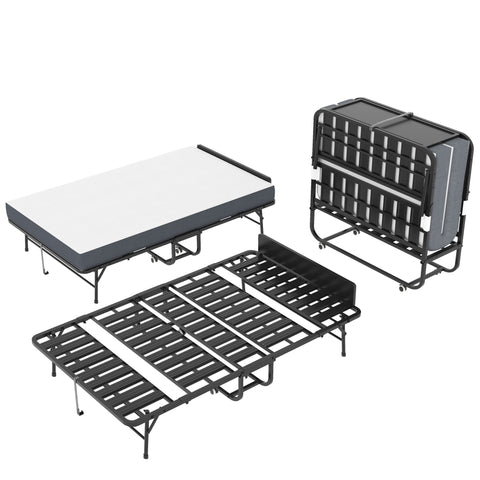 Twin Extra Long Folding Bed With Adjustable Headboard, Cot With Memory Foam Mattress - Black