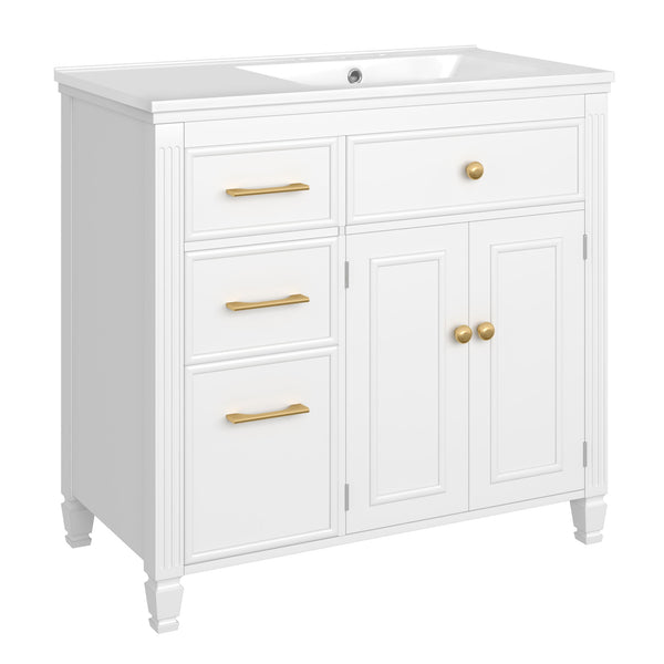 Modern Bathroom Vanity With Ceramic Sink, Freestanding, One Tip Out Drawer, 3 Side Drawers, Adjustable Shelf