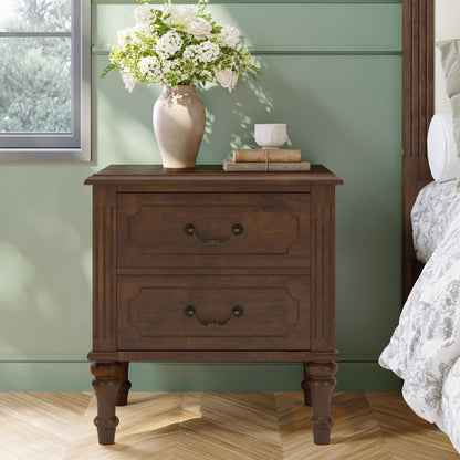 Fluted Nightstand With 2 Drawers, Bedside Table - Walnut
