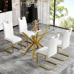 Rectangular Clear Tempered Glass Dining Table, Stylish Design With Plated Metal Legs
