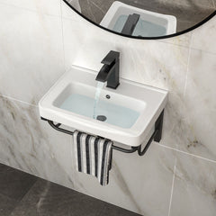 Wall Mounted Rectangular Bathroom Sink With 304 Stainless Steel Towel Bar & Overflow - White