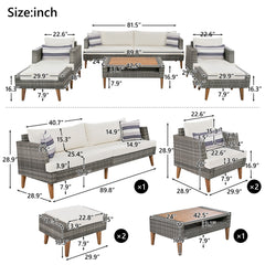 6 Pieces All Weather Sofa Set, Outdoor Rattan Sofa With Double Cushions