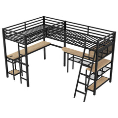 Mission Style Twin L-Shaped Loft Bed With LED, Storage Shelves, 2 Charging Stations, And 2 Built In Desks - Black