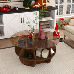 Round Coffee Table With Storage For Living Room - Walnut