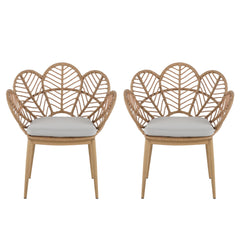 Kirk - Outdoor Wicker Peacock Shape Papasan Style Chair, Teak Finished Leg (Set of 2) - Beige / Light Brown / Light Teak