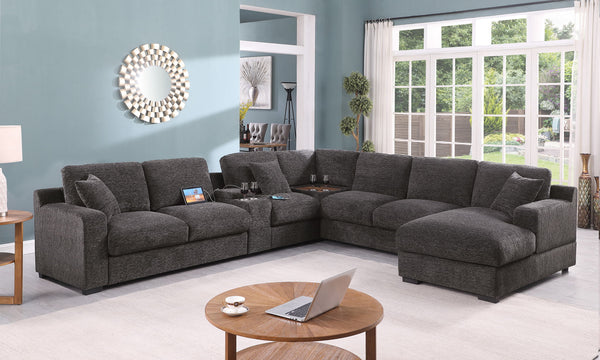 Celine - Chenille Fabric Corner Sectional Sofa With Right Facing Chaise, Cupholders, And Charging Ports - Gray