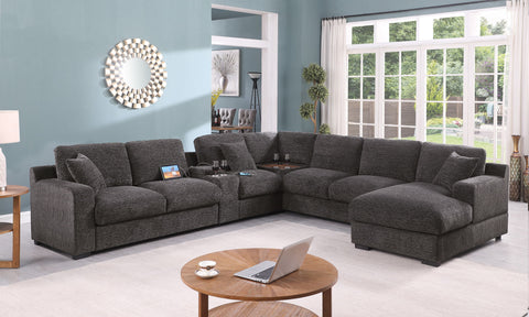 Celine - Chenille Fabric Corner Sectional Sofa With Right Facing Chaise, Cupholders, And Charging Ports - Gray