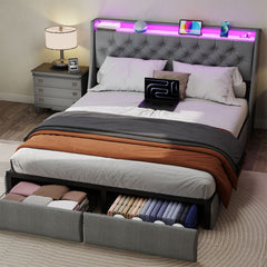 Bed Frame With Storage Headboard, RGB LED Light & USB Charging Station