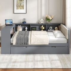 Upholstered Headboard Platform Bed With Storage Shelves, Trundle, Charging Station