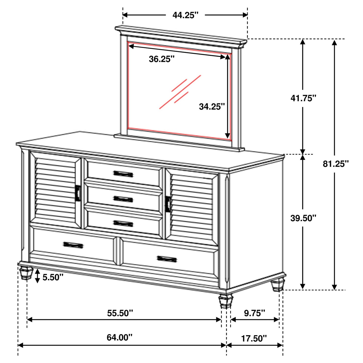 Lockeford - 5 Drawer Dresser With Mirror - White
