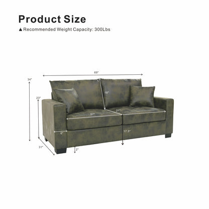 2 Seater Sofa, 2 Throw Pillows For Living Room - Olive Green