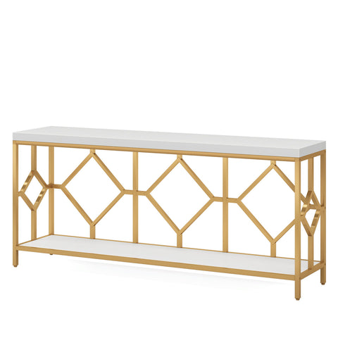 Extra Long Sofa Table With Diamond Pattern Frame, 2 Tier Open Storage For Living Room - White / Gold