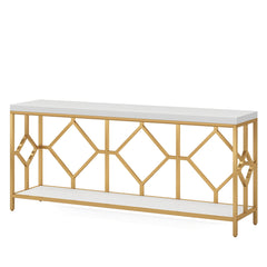 Extra Long Sofa Table With Diamond Pattern Frame, 2 Tier Open Storage For Living Room - White / Gold