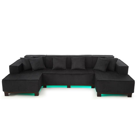 U-Shaped Sectional Sofa With RGB LED Light Strip And 6 Pillows