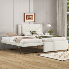 Full Size Upholstered Platform Bed With Adjustable Trundle - Beige