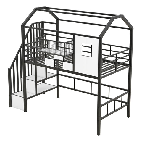 Metal Loft Bed With Roof Design And Storage Box With Guardrails And Integrated Ladder