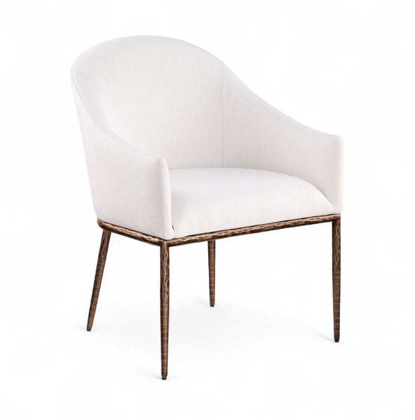 Ferro - Linen Textured Performance Fabric Upholstered Dining Arm Chair - Cream / Brushed Bronze