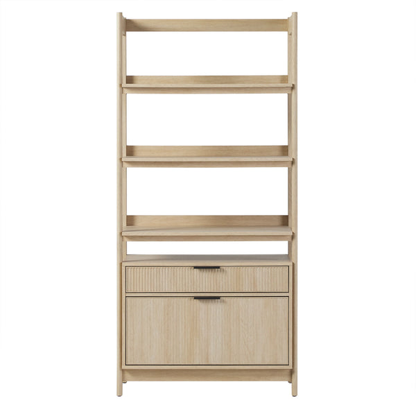 Transitional Wide Reeded Bookshelf With Drawers On Bottom