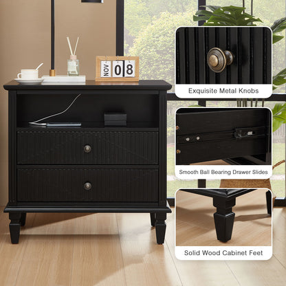 Nightstand With Charging Station, 2 Drawer Bedside Table - Black