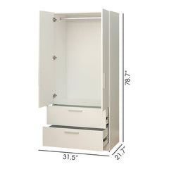 Emma - 2 Door Wood Closet With 2 Drawers And Hanging Bars - White