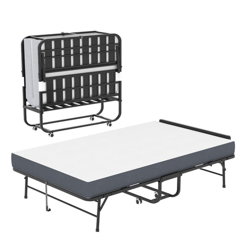 Twin Extra Long Folding Bed With Adjustable Headboard, Cot With Memory Foam Mattress - Black