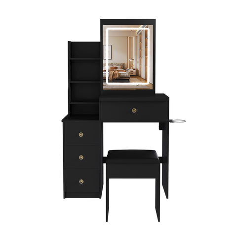 Vanity Desk With 3 LED Lighting Modes, 4 Drawers, Open Shelves, Hair Dryer Holder & Power Socket Dressing Table Set With Chair - Black
