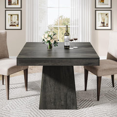 Square Dining Table For 4 With Thick Grain Top And Sturdy Pedestal Base - Gray