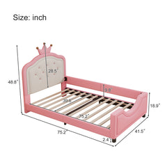 Twin Size Cute Princess Upholstered Daybed Low To The Ground Design With Button Tufted Crown Headboard For Kids - Pink