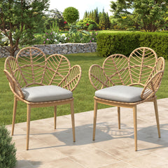 Kirk - Outdoor Wicker Peacock Shape Papasan Style Chair, Teak Finished Leg (Set of 2) - Beige / Light Brown / Light Teak