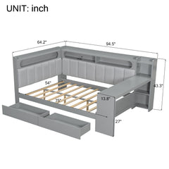 Daybed With Upholstered Headboard, Storage Shelves, Drawers, Charging Station, LED Light, And Adjustable Desk