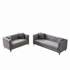 3 And 2 Seater Deep Seat Sofa With Button Nailhead, Square Arm Couches, Furniture For Living Room - Gray