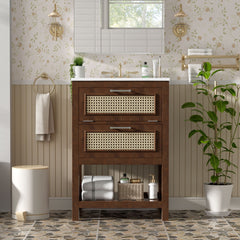 Modern Bathroom Vanity With Integrated Sink, Cabinet With 1 Deep Drawer And 1 Tip-Out Drawer